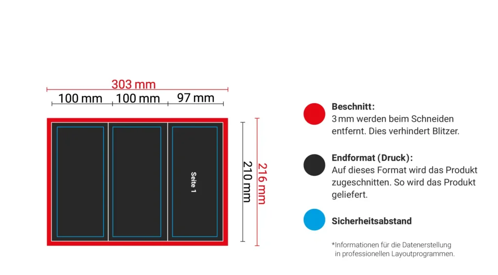 Das Merkblatt zu den Wickelfalz Flyer von Heididruck mit einer visuellen Aufstellung von Beschnitt, Endformat und Sicherheitsabstand. Drucke deine Flyer online.