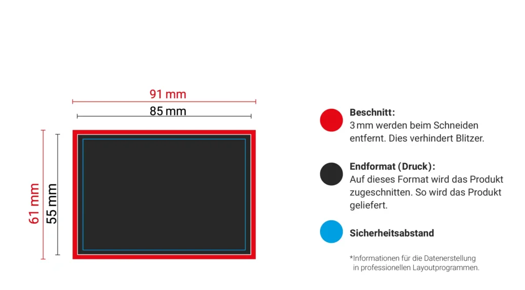 Das Merkblatt zu den Visitenkarten von Heididruck mit einer visuellen Aufstellung von Beschnitt, Endformat und Sicherheitsabstand. Drucke deine Flyer online.